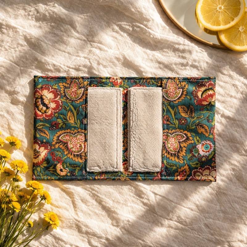 pochette-voyage-lingettes- démaquillantes-vintage Pochette de 6 lingettes démaquillantes lavables - coton imprimé vert bouteille avec fleurs et arabesques et bambou ficelle