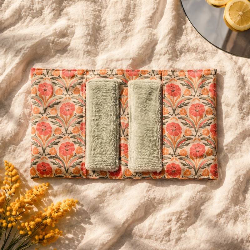 pochette-voyage-lingettes-demaquillantes-new-dehli Pochette de voyage contenant 6 lingettes démaquillantes lavables - imprimé fleurs corail/rose sur fond beige et bambou ficelle