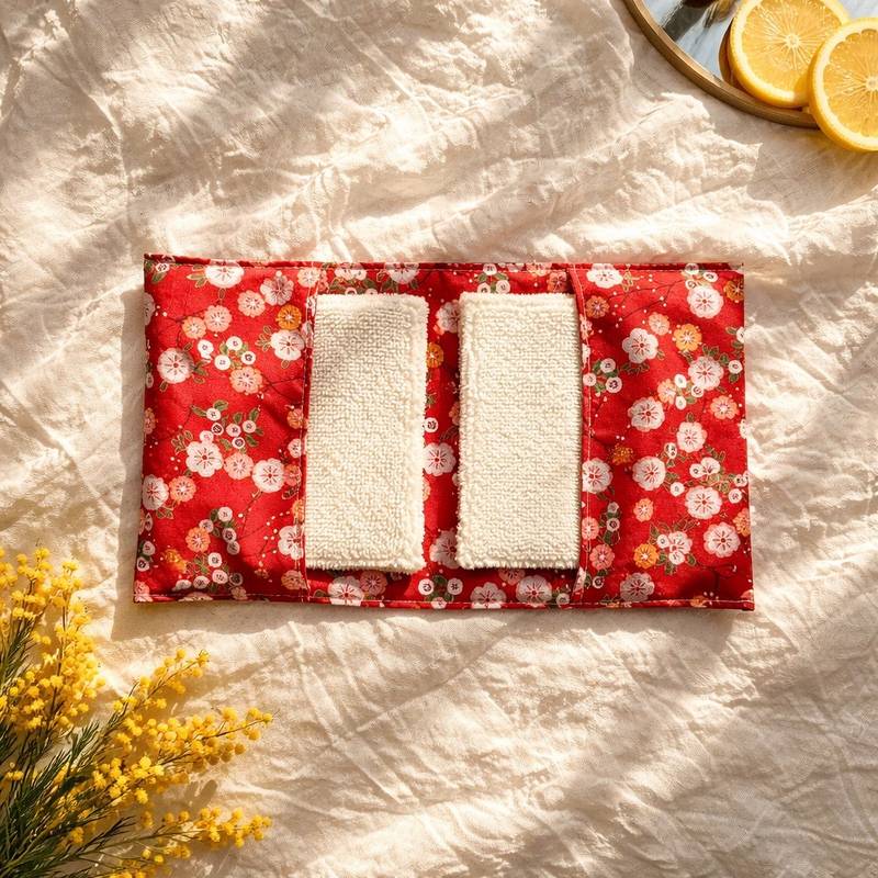 pochette-voyage-lingettes-démaquillantes-fleurs-cerisier Pochette de voyage contenant 6 lingettes démaquillantes lavables - imprimé coton fleurs de cerisiers blanches et roses sur fond rouge