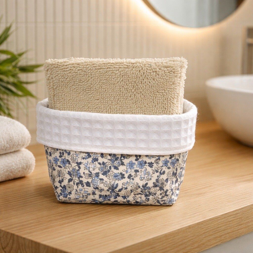 lingettes-paniere-bambou-fleurs bleues Panière de 10 lingettes démaquillantes avec bambou de couleur ficelle - fleurs bleues sur fond blanc avec nid d'abeille blanc