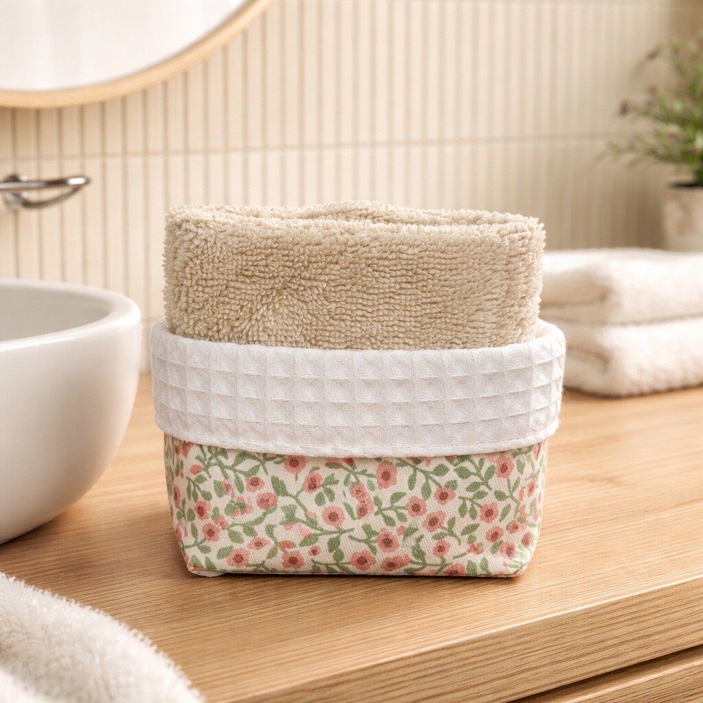lingettes-paniere-bambou-romantique Panière de 10 lingettes démaquillantes - coton imprimé fond écru avec petites fleurs roses, nid d'abeille blanc et bambou Oeko-tex ficelle