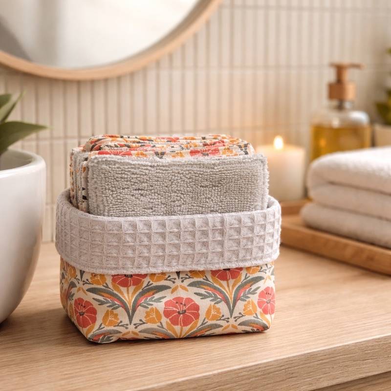 paniere-lingettes-demaquillantes Panière de 10 lingettes démaquillantes lavables composé d'un coton indien (imprimé de fleurs corail et feuillage taupe, nid d'abeille écru, bambou ficelle